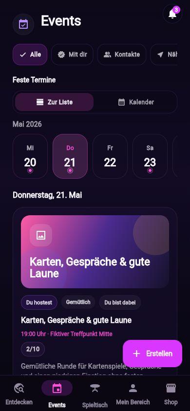 Palory Events-Übersicht mit einem Demo-Spieleabend