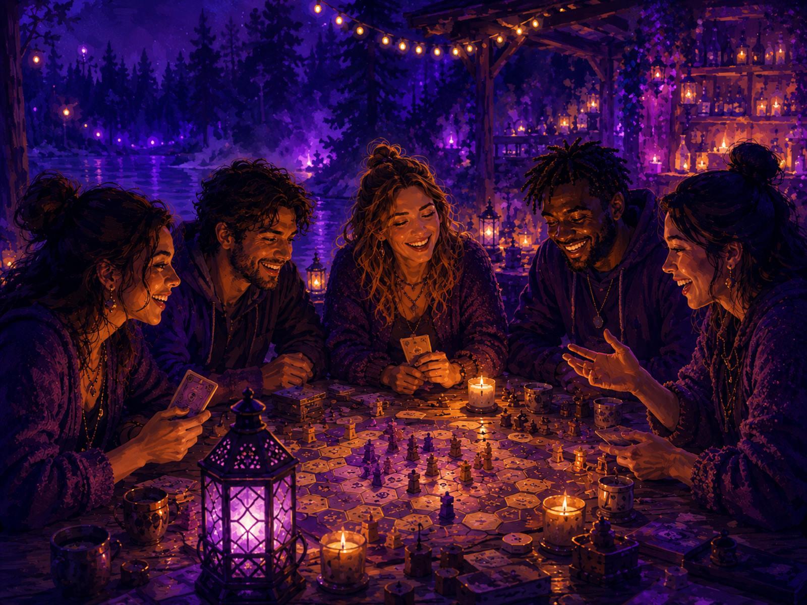 Illustration: fünf Leute spielen abends bei Kerzen- und Laternenlicht ein Brettspiel an einem Tisch am See